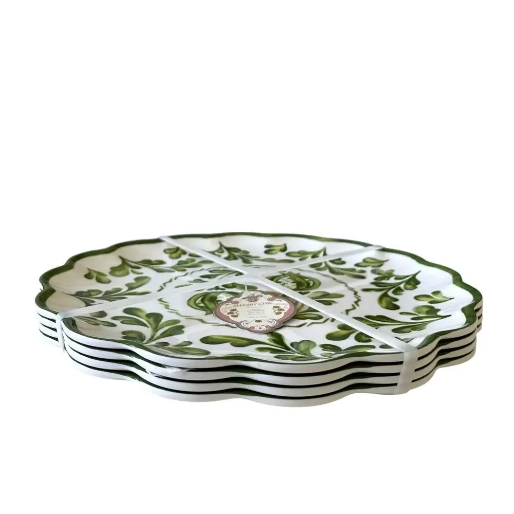Shabby Chic Green Floral Melamine Dinner Plates 11in Set of 4 Indoor Outdoor NEW